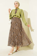 Scarfed Retro Pattern Chiffon Skirt Suit Çağla Green