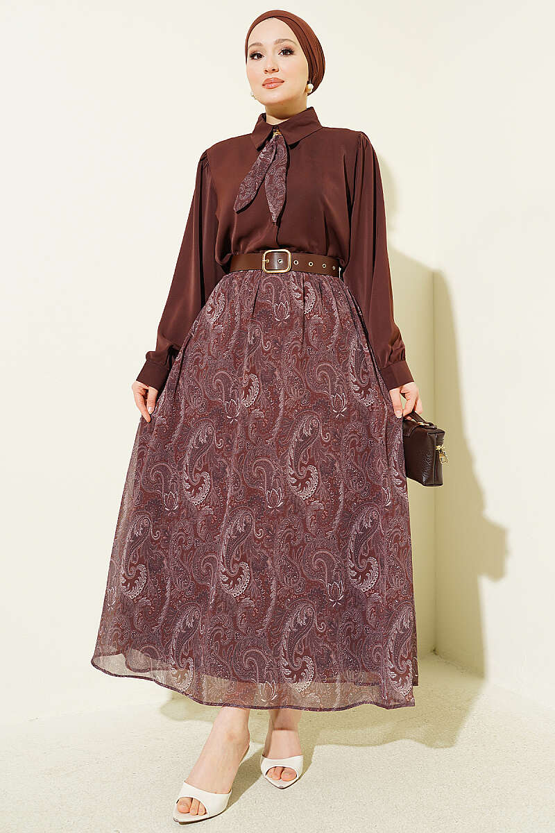 Fularlı Retro Desen Şifon Etekli Takım