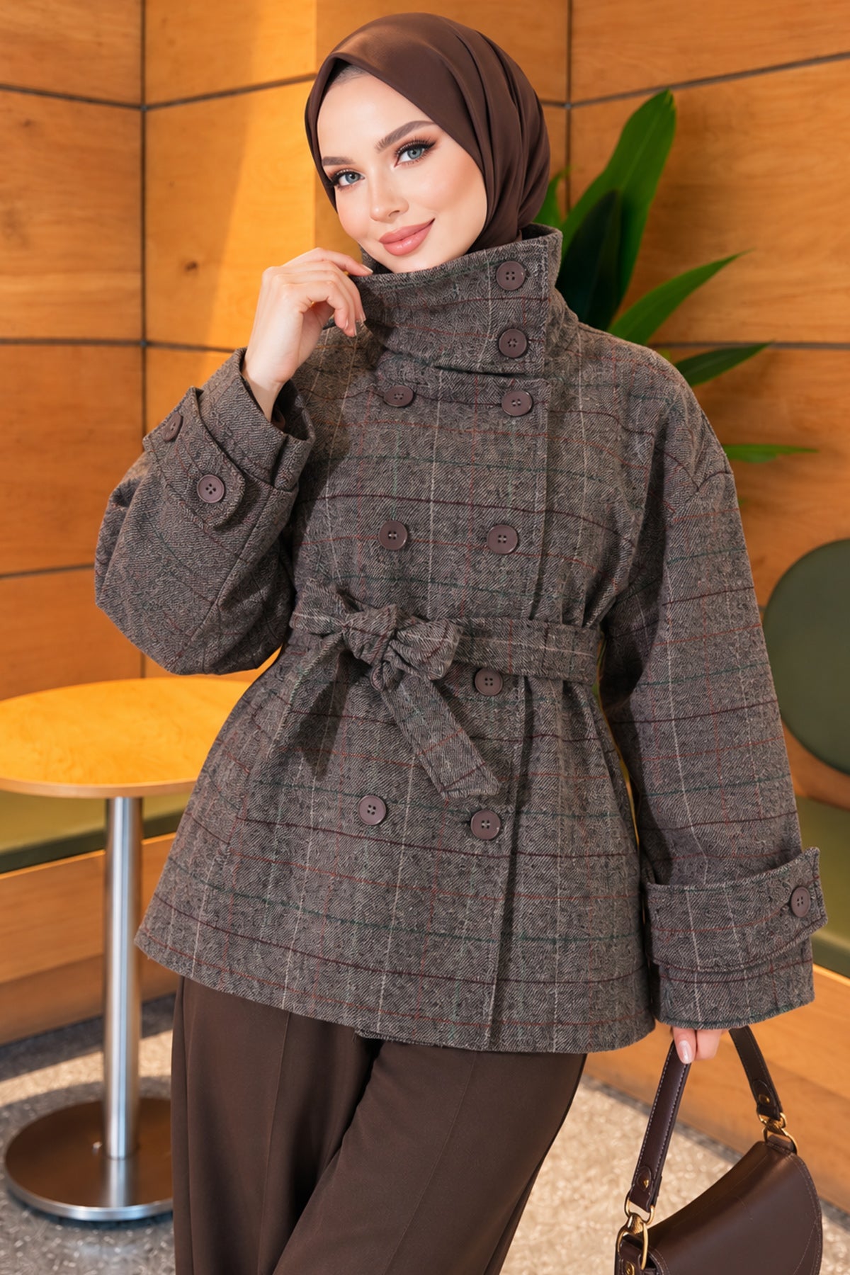 Plaid Patterned Short Cachet Coat Fume