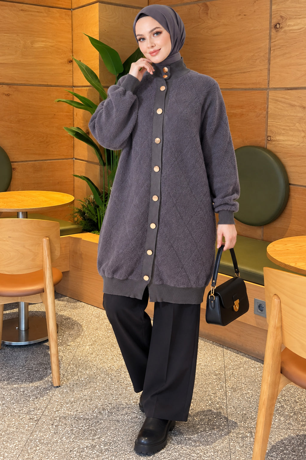 Baklava Patterned Buttoned Bearded Cardigan Burgundy