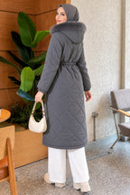 Quilted Waist Belt Fur Detailed Coat Beige