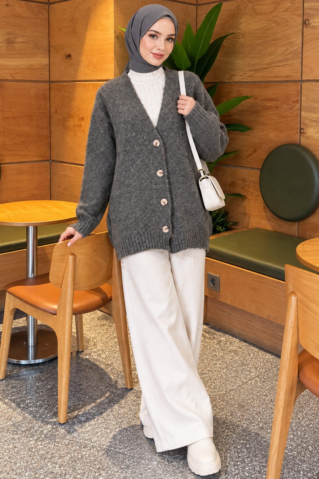 V-Neck Buttoned Oversize Knit Cardigan Brown