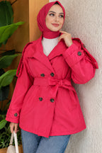 Button Detailed Short Trench Coat Fuchsia