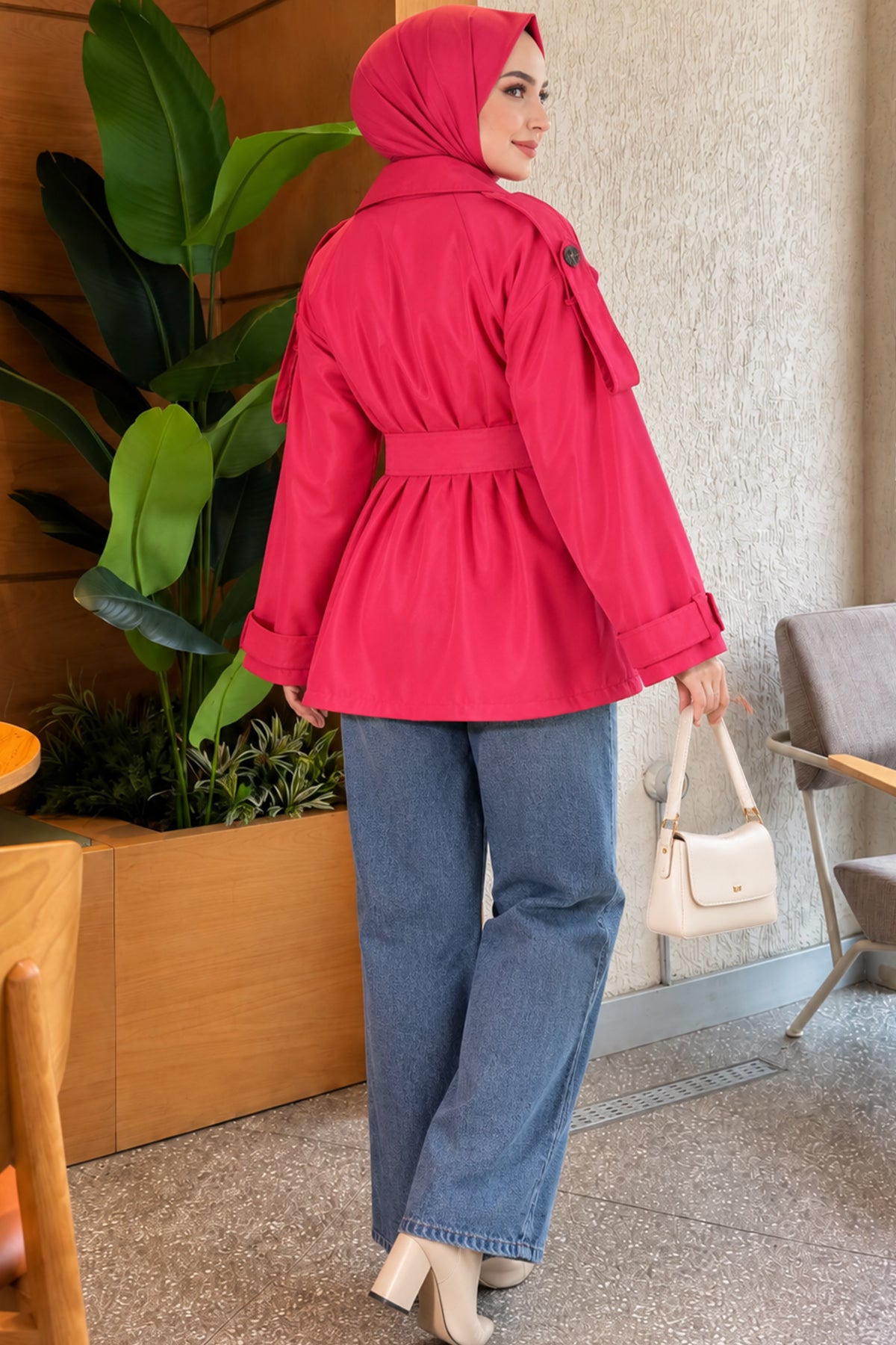 Button Detailed Short Trench Coat Fuchsia