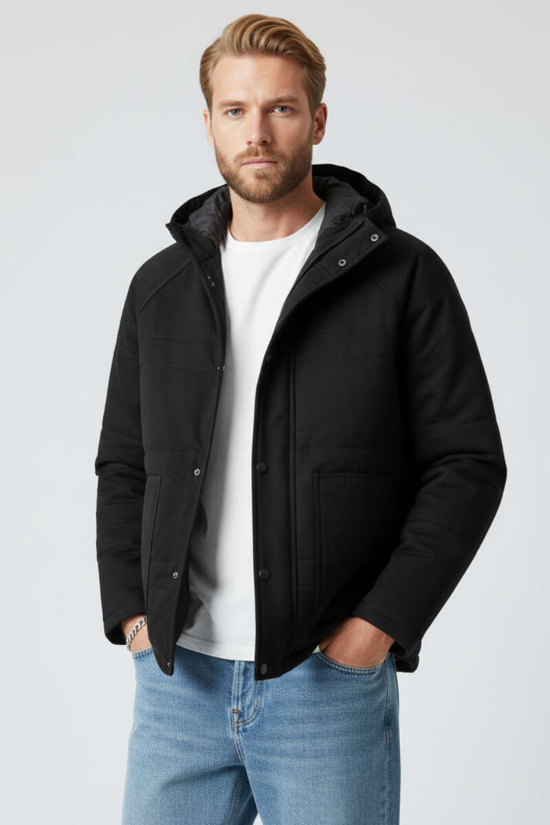 Gabardin Kapüşonlu Erkek Mont