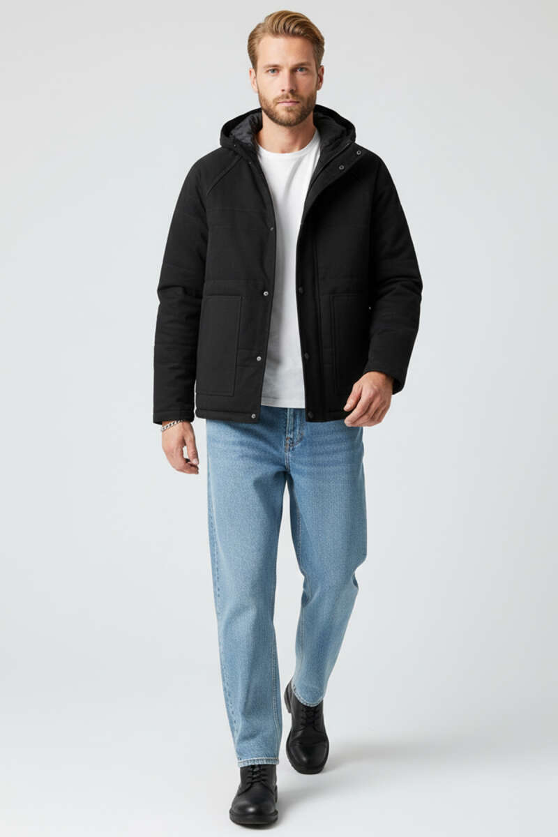 Gabardin Kapüşonlu Erkek Mont