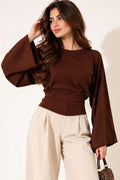 Blouse à manches larges et taille élastique marron