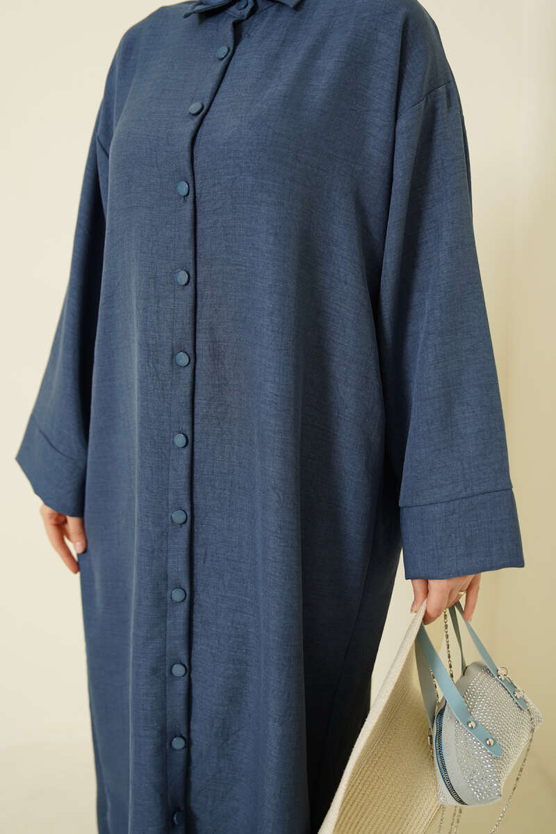 Geniş Kollu Oversize Uzun Gömlek İndigo