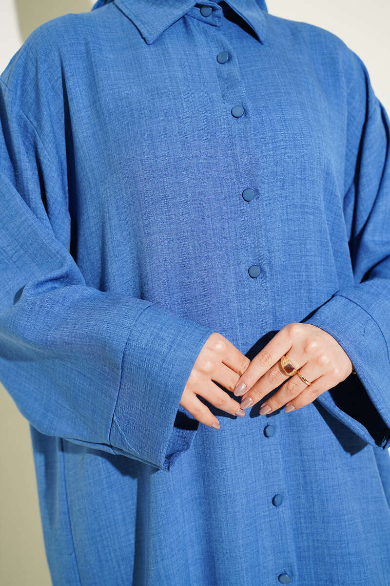Geniş Kollu Oversize Uzun Gömlek Mavi