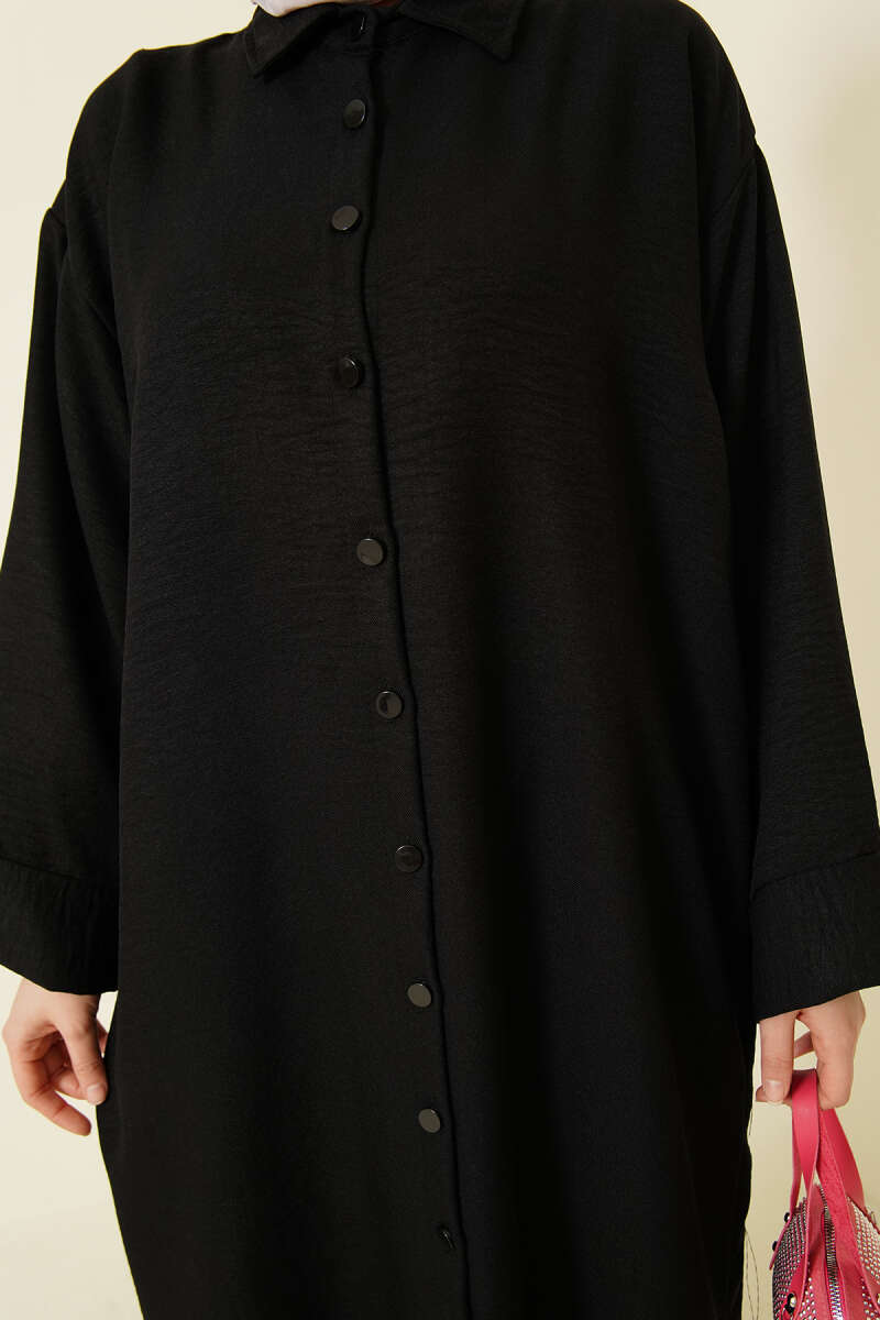 Geniş Kollu Oversize Uzun Gömlek Siyah
