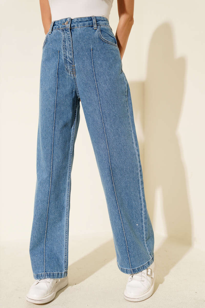 Geniş Paça Mini Taşlı Kot Pantolon
