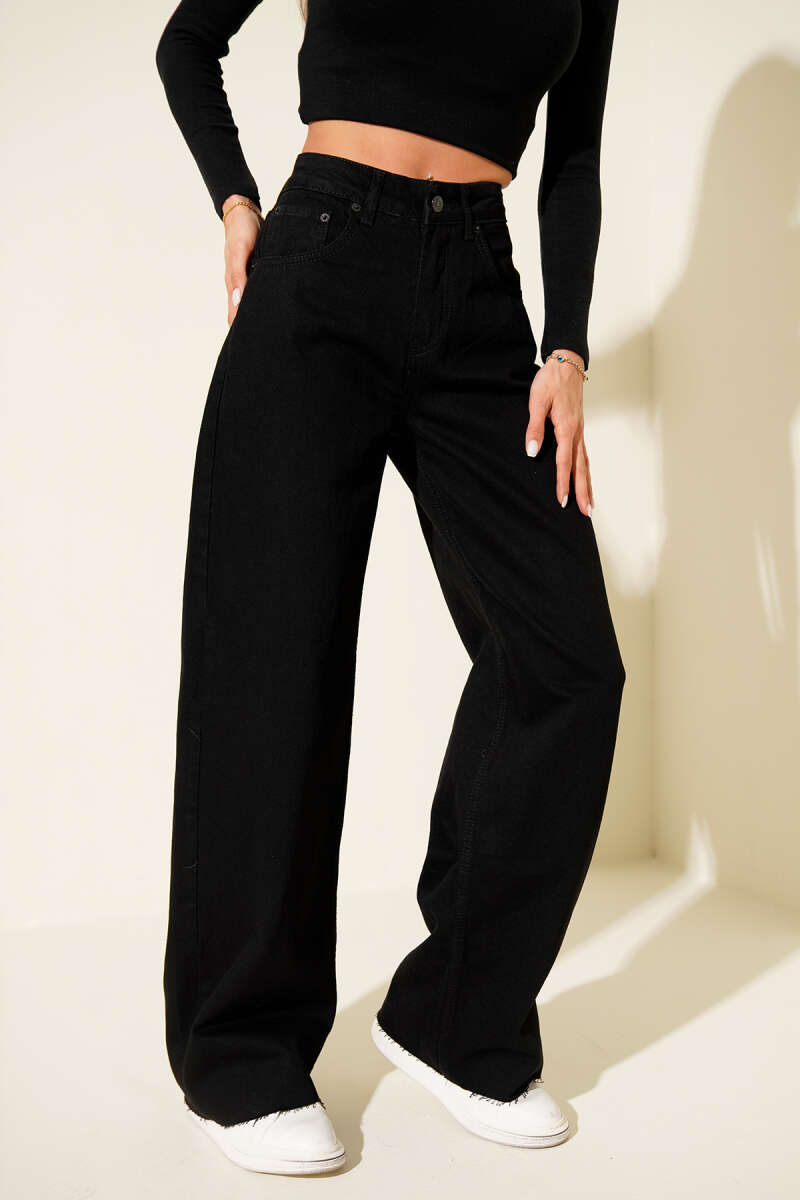 Geniş Paça Palazzo Düğmeli Kot Pantolon
