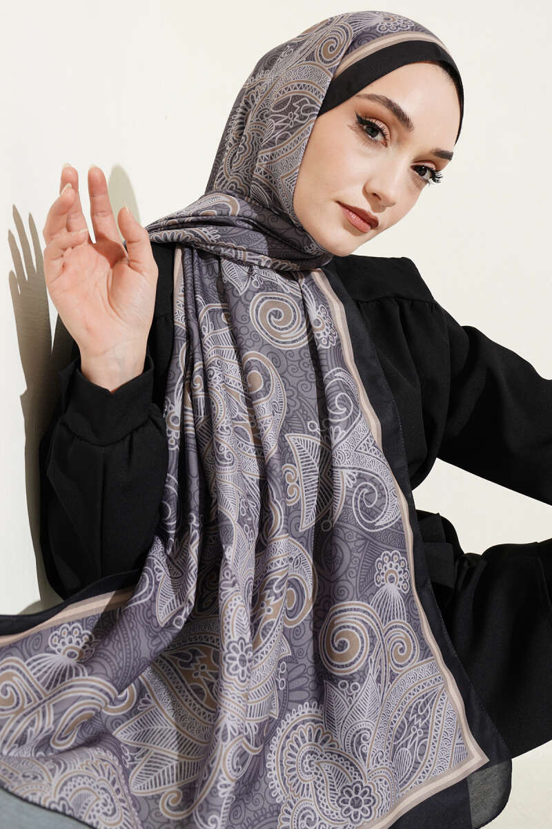 Geometrik Paisley Desen Şal Siyah Gri