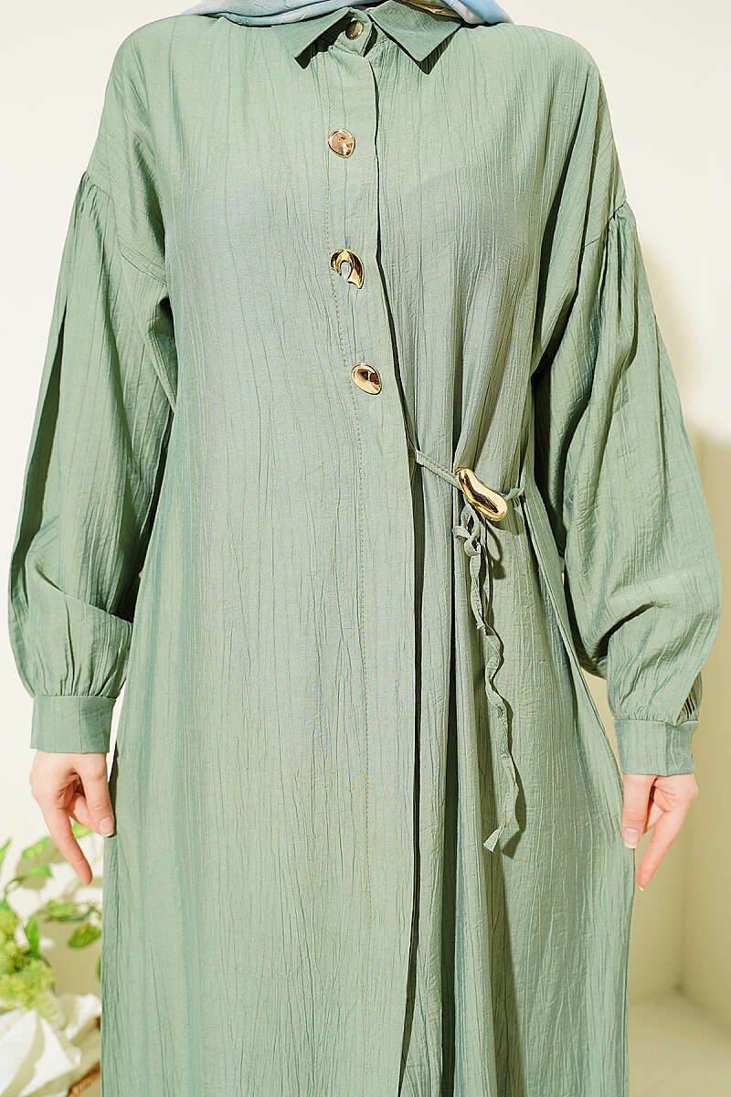 Gizli Düğmeli İp Detaylı Uzun Tunikli Takım Çağla Yeşili