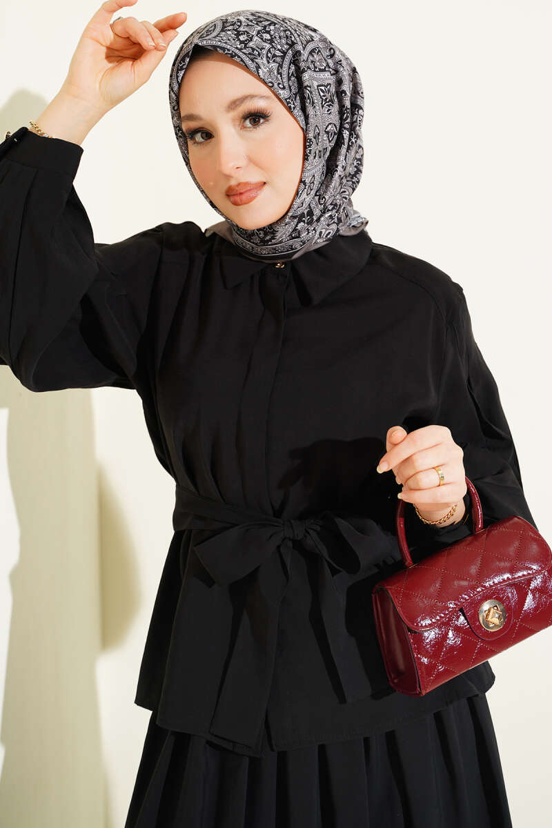 Gizli Düğmeli Kuşaklı Modal Etekli Takım
