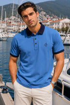 Göğüs Armalı Polo Yaka Erkek T-shirt İndigo