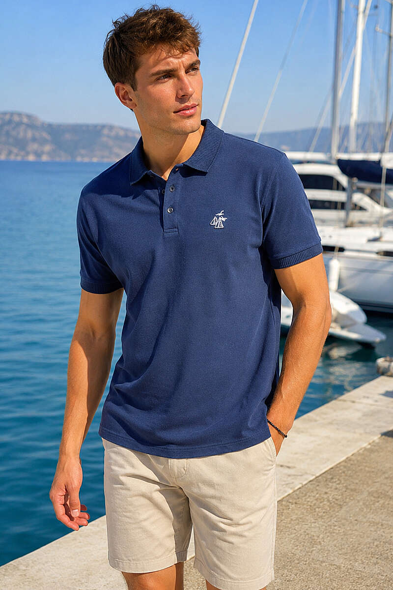 Göğüs Armalı Polo Yaka Erkek T-shirt Lacivert