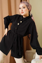 Göğüs Pelerinli Kuşaklı Modal Gömlek
