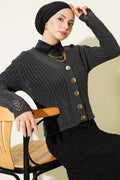 Gold Buttoned Openwork Short Knitted Cardigan