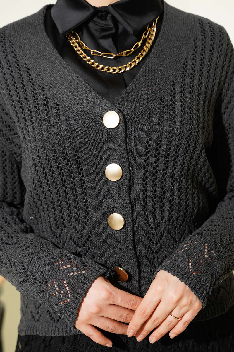 Gold Buttoned Openwork Short Knitted Cardigan