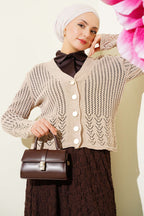 Gold Buttoned Openwork Short Knitted Cardigan
