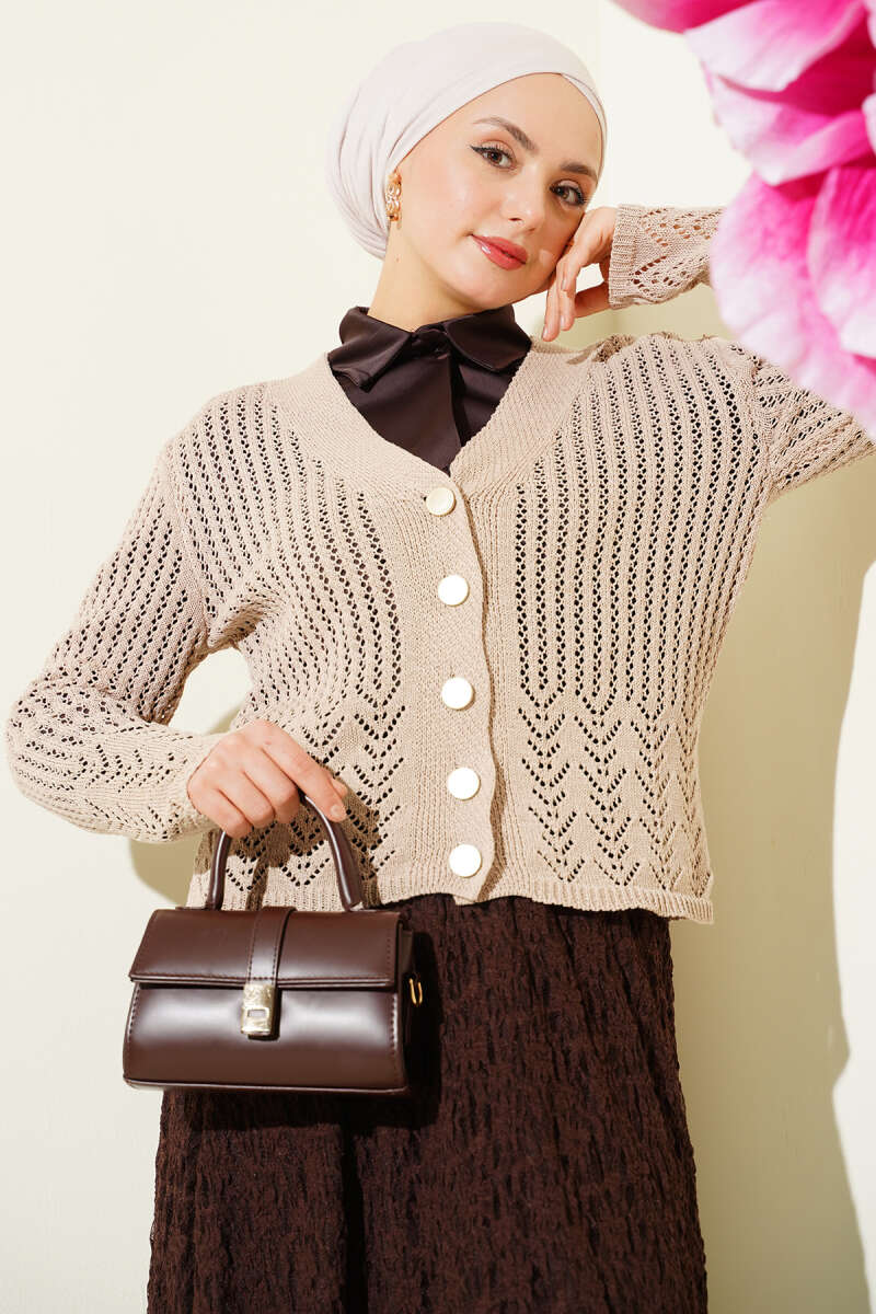 Gold Buttoned Openwork Short Knitted Cardigan