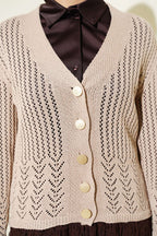 Gold Buttoned Openwork Short Knitted Cardigan