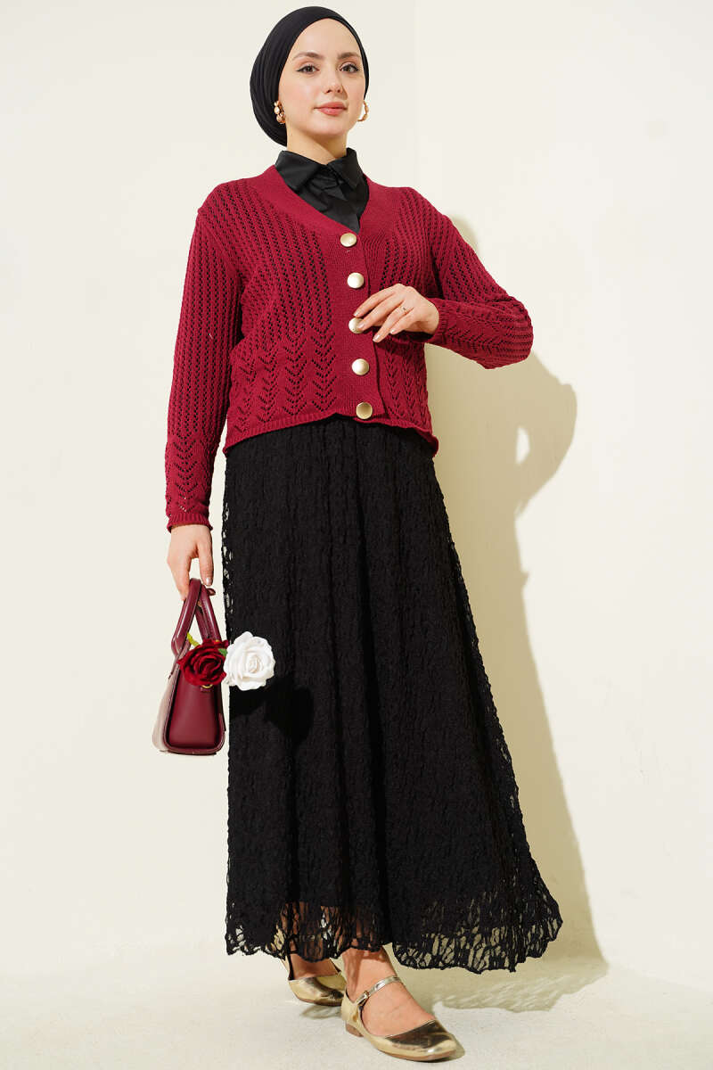 Gold Buttoned Openwork Short Knitted Cardigan