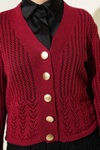 Gold Buttoned Openwork Short Knitted Cardigan