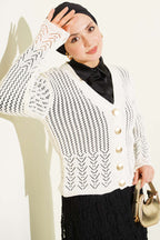 Gold Buttoned Openwork Short Knitted Cardigan