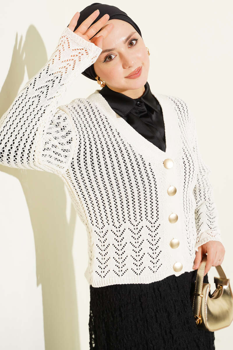 Gold Buttoned Openwork Short Knitted Cardigan