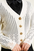 Gold Buttoned Openwork Short Knitted Cardigan