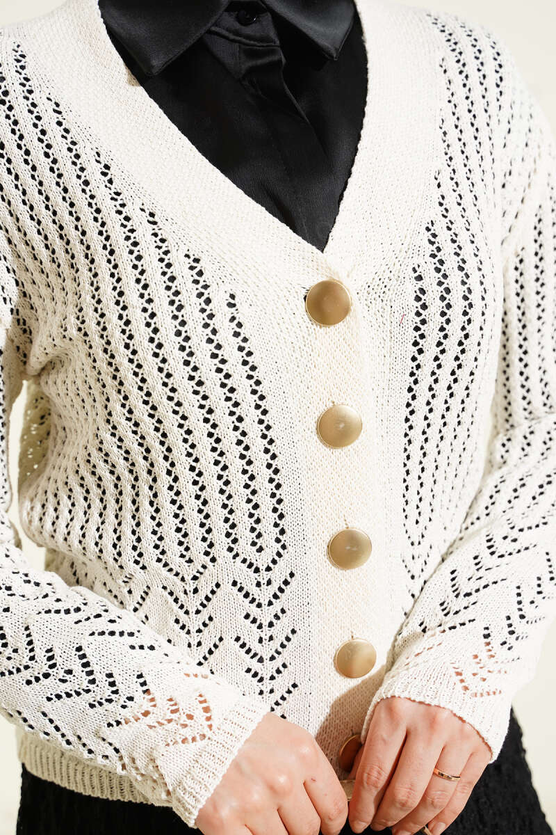 Gold Buttoned Openwork Short Knitted Cardigan
