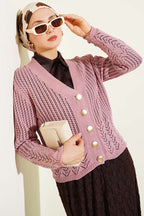 Gold Buttoned Openwork Short Knitted Cardigan