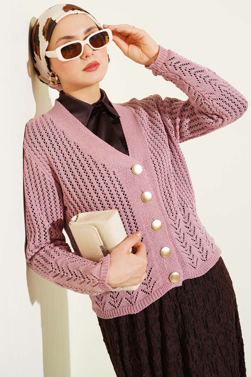 Gold Buttoned Openwork Short Knitted Cardigan