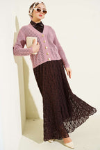Gold Buttoned Openwork Short Knitted Cardigan