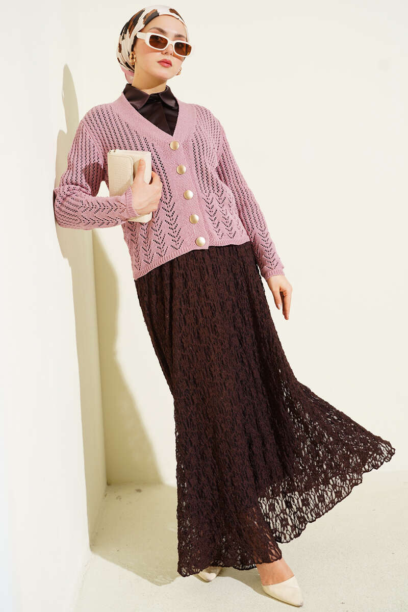 Gold Buttoned Openwork Short Knitted Cardigan