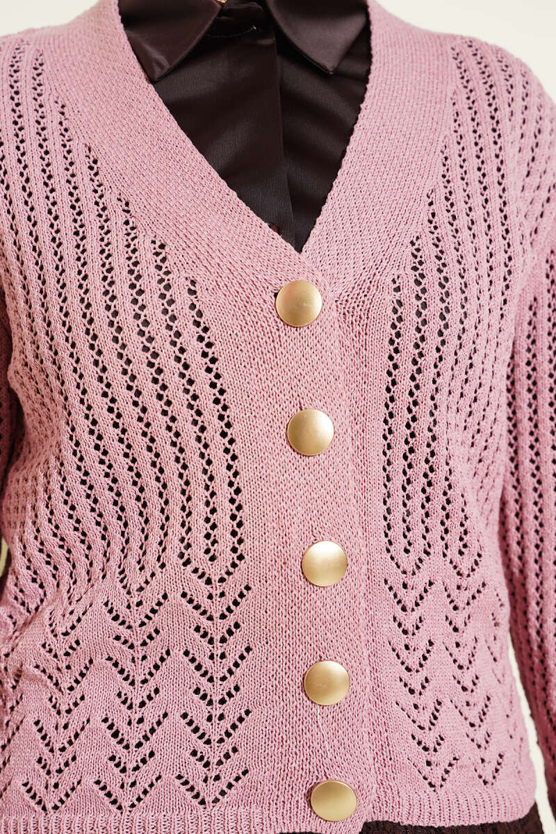 Gold Buttoned Openwork Short Knitted Cardigan