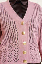 Gold Buttoned Openwork Short Knitted Cardigan