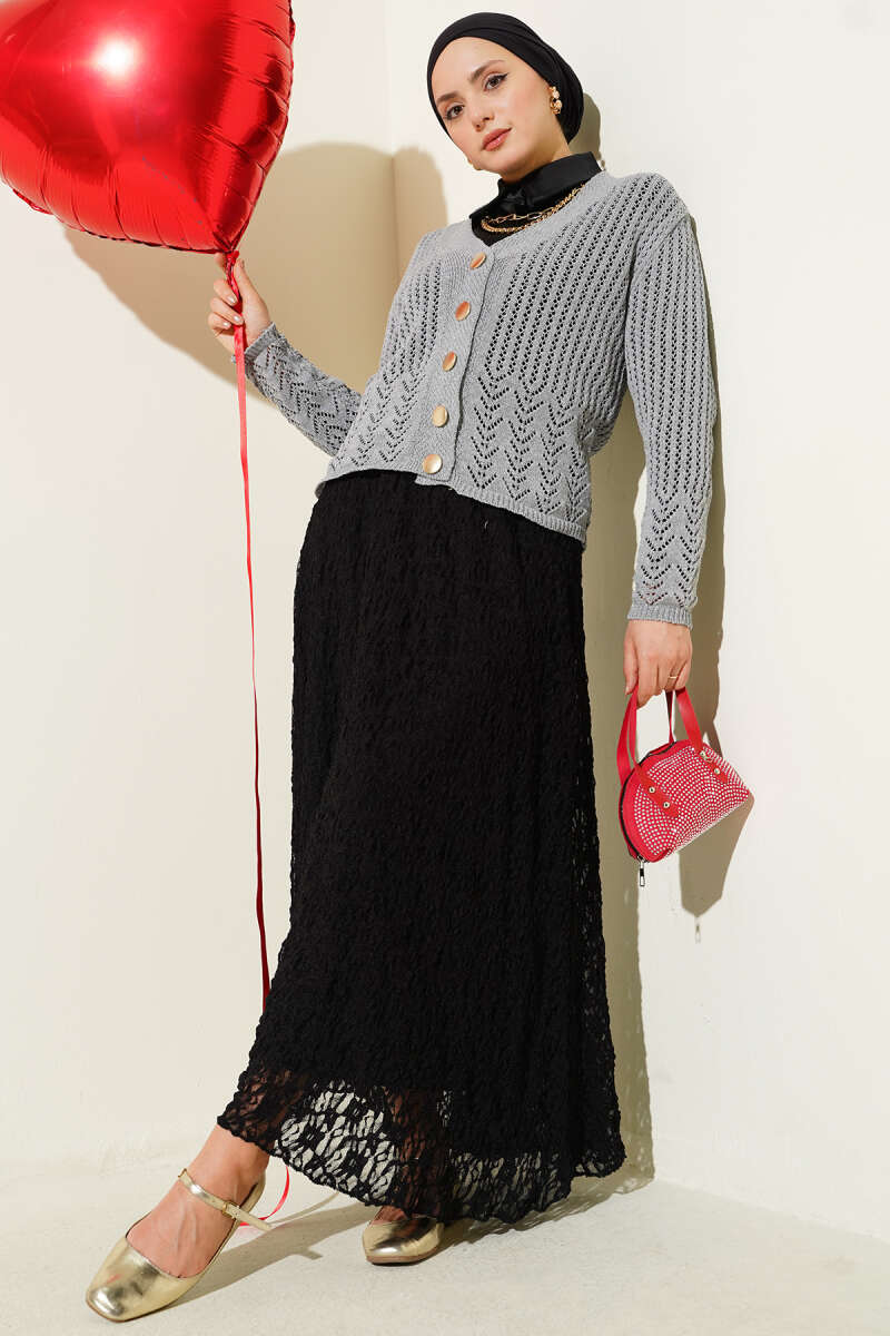 Gold Buttoned Openwork Short Knitted Cardigan