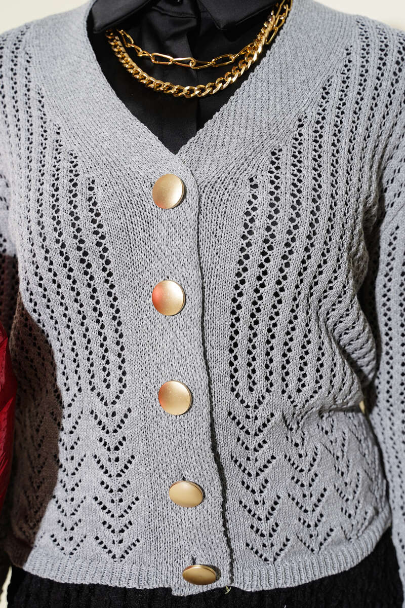Gold Buttoned Openwork Short Knitted Cardigan