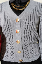 Gold Buttoned Openwork Short Knitted Cardigan