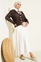 Gold Buttoned Openwork Short Knitted Cardigan