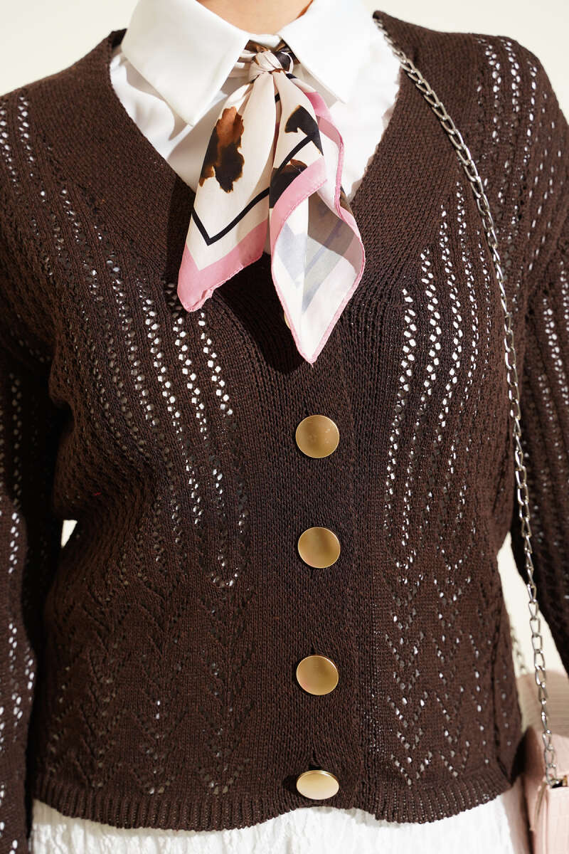Gold Buttoned Openwork Short Knitted Cardigan