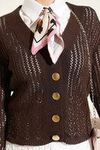 Gold Buttoned Openwork Short Knitted Cardigan