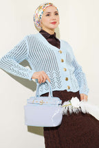 Gold Buttoned Openwork Short Knitted Cardigan
