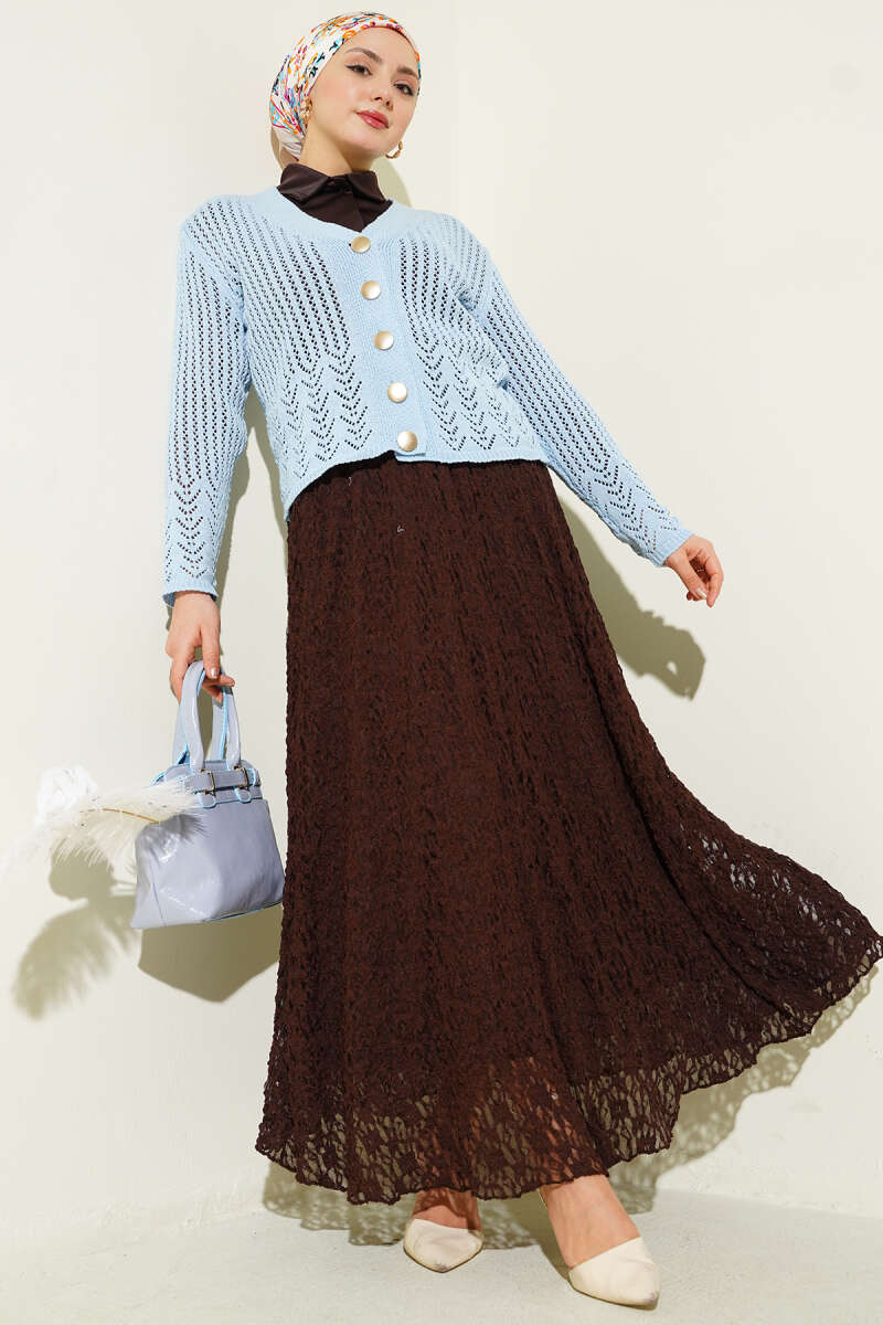 Gold Buttoned Openwork Short Knitted Cardigan