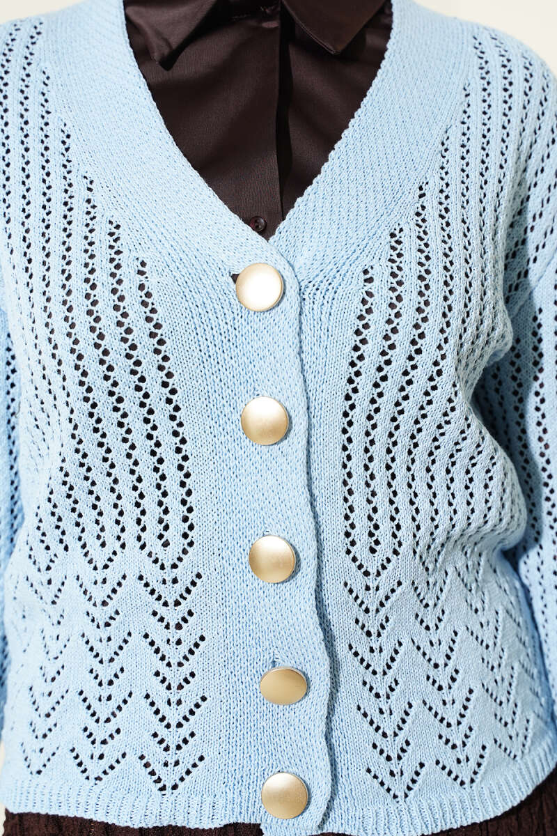 Gold Buttoned Openwork Short Knitted Cardigan