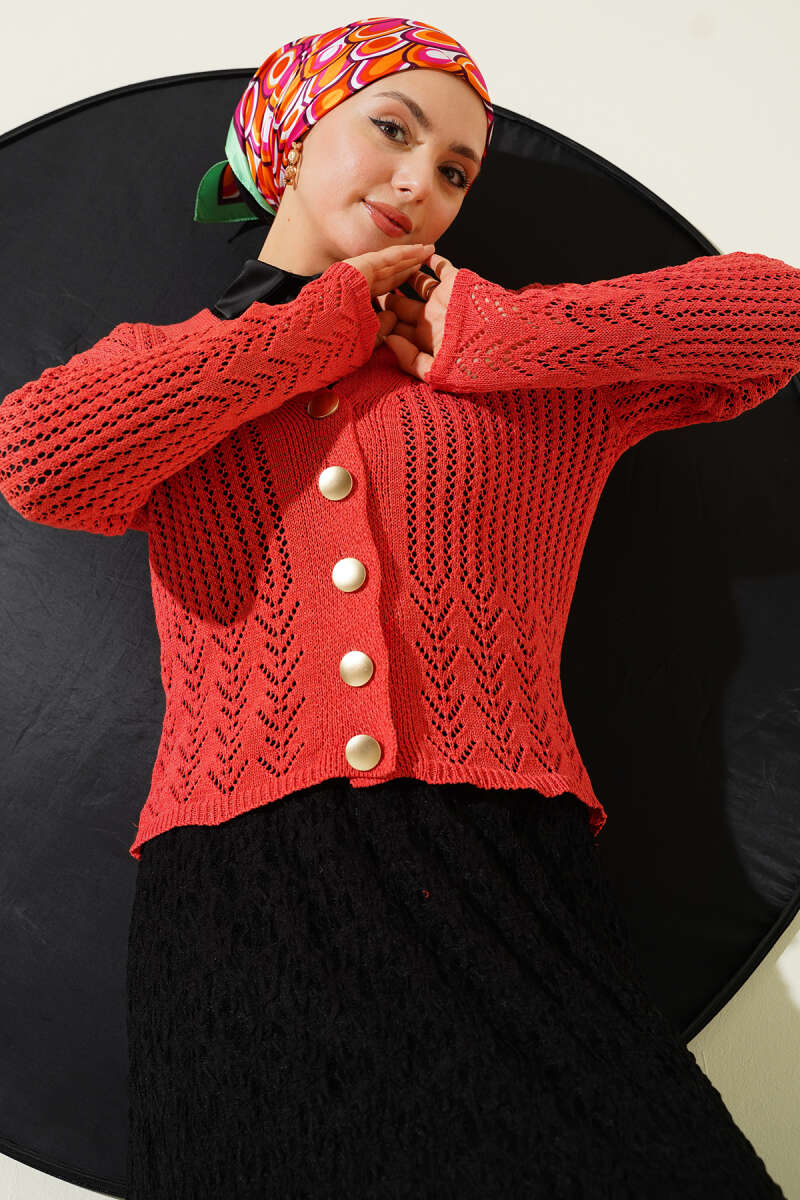 Gold Buttoned Openwork Short Knitted Cardigan