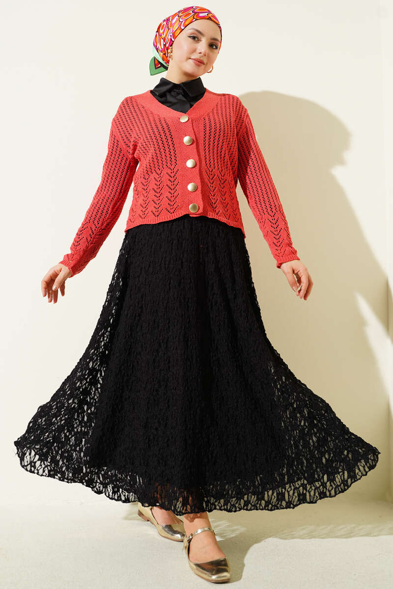 Gold Buttoned Openwork Short Knitted Cardigan
